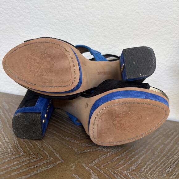 Vince Camuto Color Block Bue Black Suede Platform Sandals Heels Size 8.5 Shoes - Picture 9 of 11